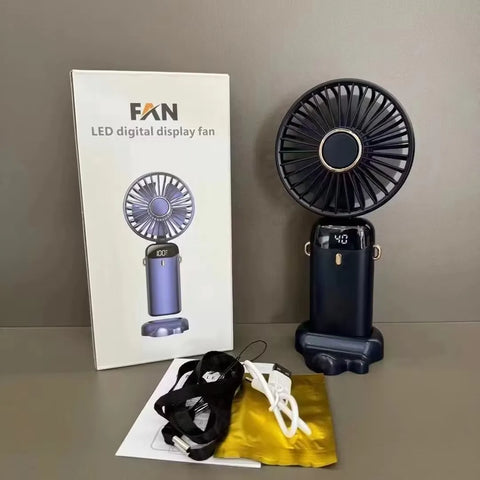 Portable Handheld Mini Fan 3000mAh Foldable Neck Hanging Fans 5 Speed Adjust USB Charge Fan with Phone Stand and Display Screen