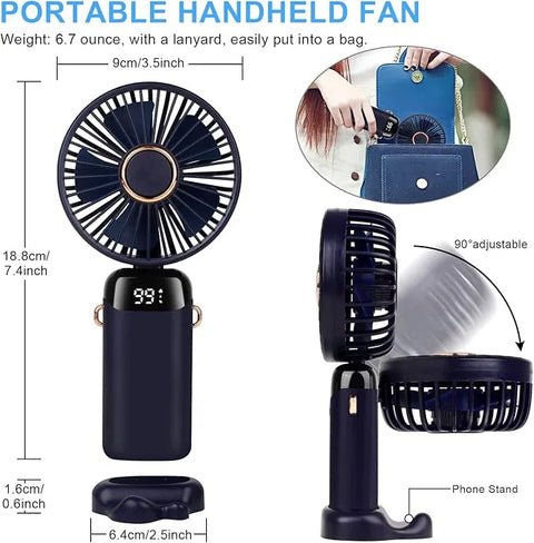 Portable Handheld Mini Fan 3000mAh Foldable Neck Hanging Fans 5 Speed Adjust USB Charge Fan with Phone Stand and Display Screen