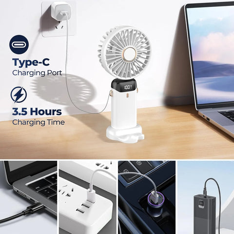 Portable Handheld Mini Fan 3000mAh Foldable Neck Hanging Fans 5 Speed Adjust USB Charge Fan with Phone Stand and Display Screen